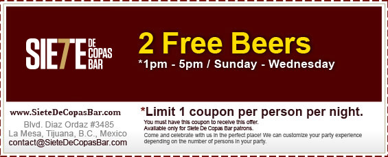 Coupon - 2 FREE Beers - *1pm - 5pm / Sunday - Wednesday